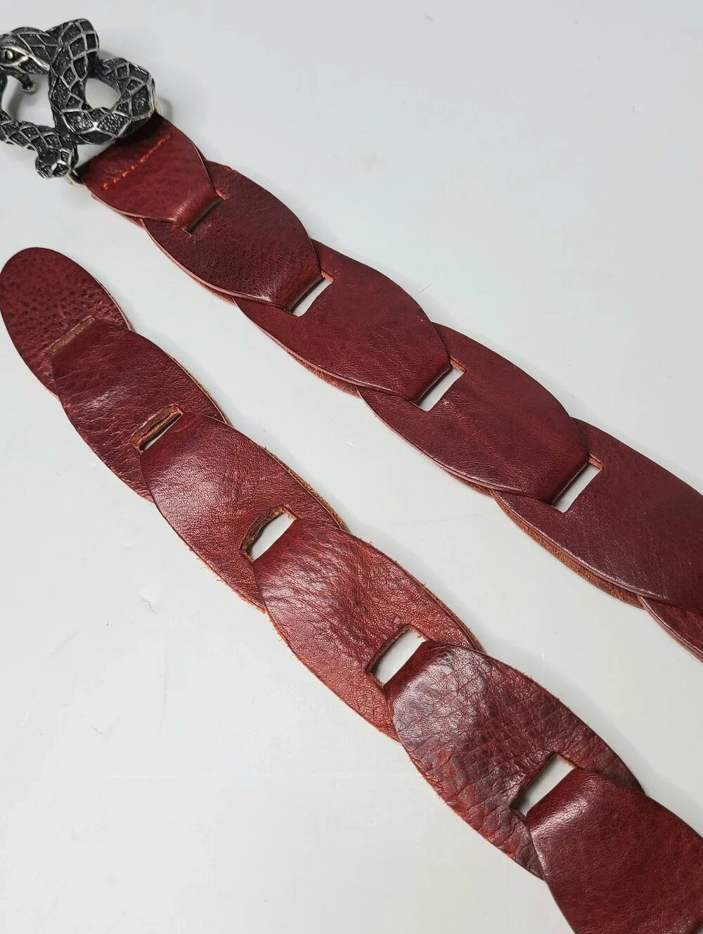 Snake Buckle Dark Red Open Work Strap Genuine Leather Vintage Belt